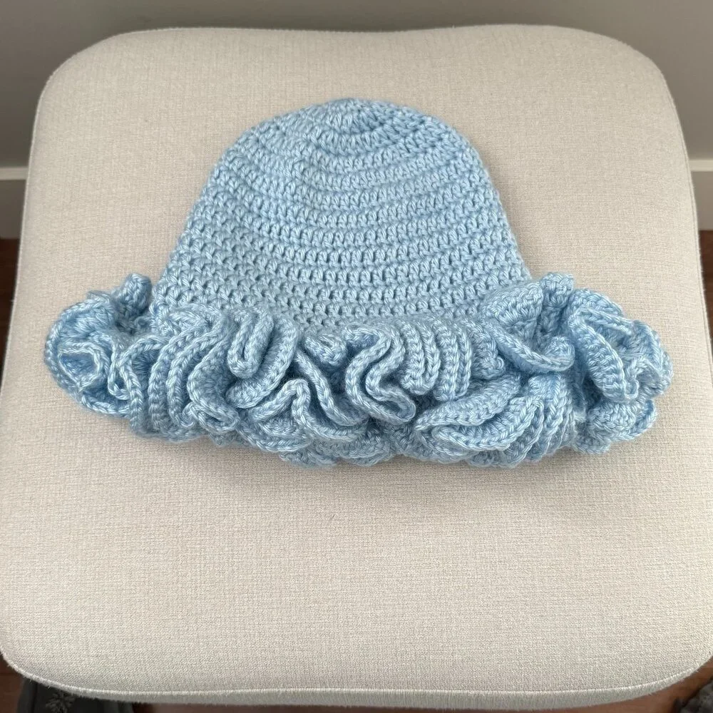 Crochet Ruffle Edge Hat Toque Light Blue - Picture 4 of 6